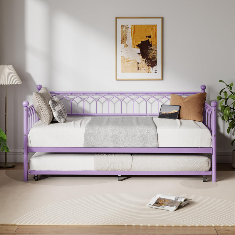 Metal Twin Size Daybed Frame with Trundle with Charging Station and LED Lights for Small Spaces, Purple
