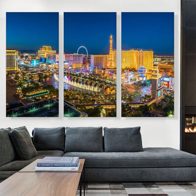 Las Vegas City Strip at Night Blue Sky - 3 Piece Wrapped Canvas Print Set -  ARTCANVAS, OPEPHO582-3L-90x60