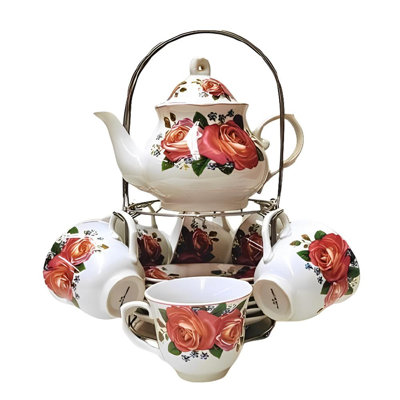Service à thé classique en porcelaine rose avec théière, 6 tasses à thé et présentoir en métal