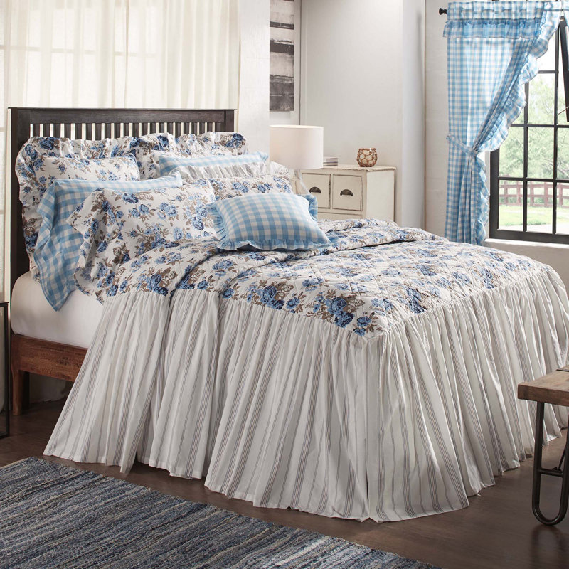 Annie Blue Floral Cotton Queen Quilt with Ruffled Edges