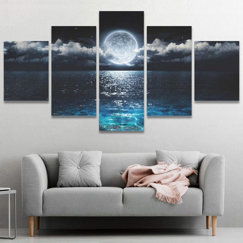 Fantaisie, lune, transparent, mer, plantes abstraites, illustrations, impressionnisme, multicolore moderne, ensemble de 5 pièces sur toile