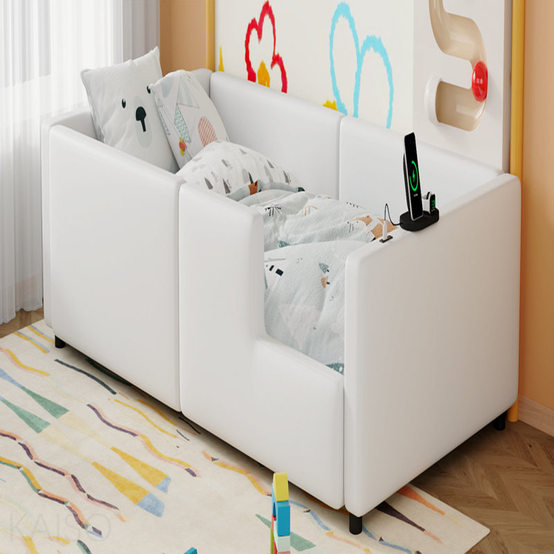 Lit plateforme simple tapissier avec garde-corps et station de charge, blanc, Blanc