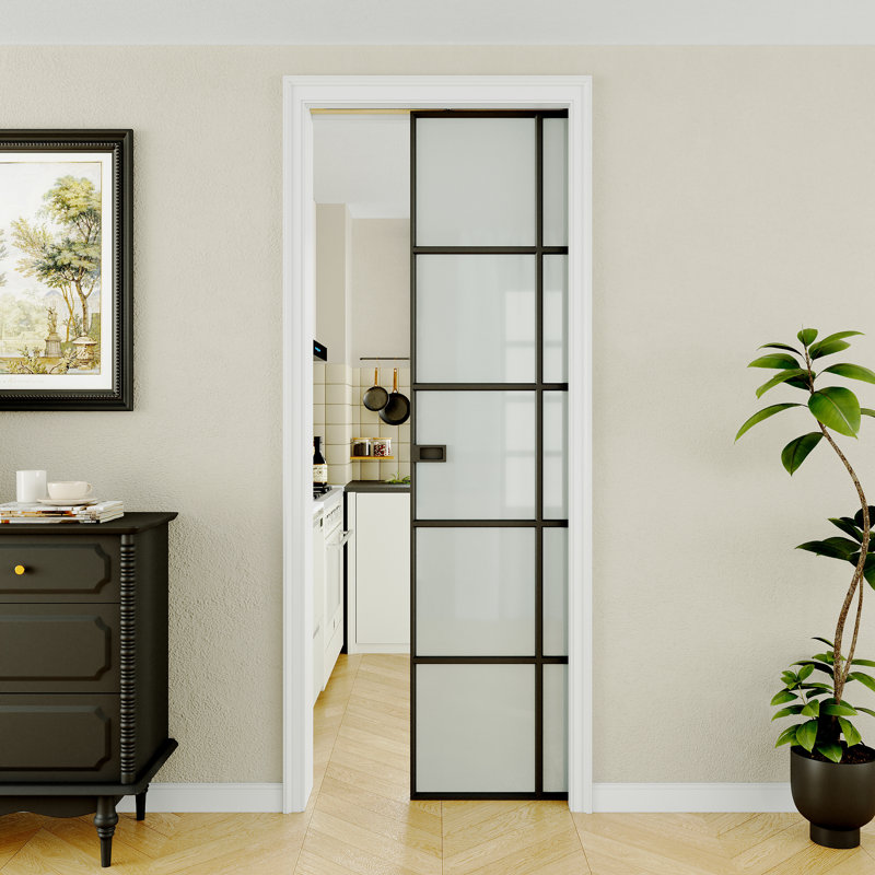 Porte coulissante à galandage 30x80 en aluminium noir avec cadre, serrure et fermeture amortie, porte à galandage 10 carreaux en verre trempé dépoli, porte en métal finition noire, porte de chambre, porte de chambre moderne haut de gamme