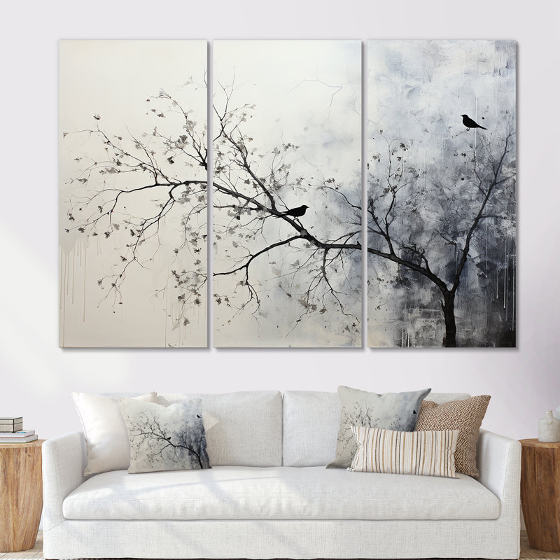 Minimalisme, oiseaux monochromes sur branche II - ensemble de décoration murale arbre, Toile tendue