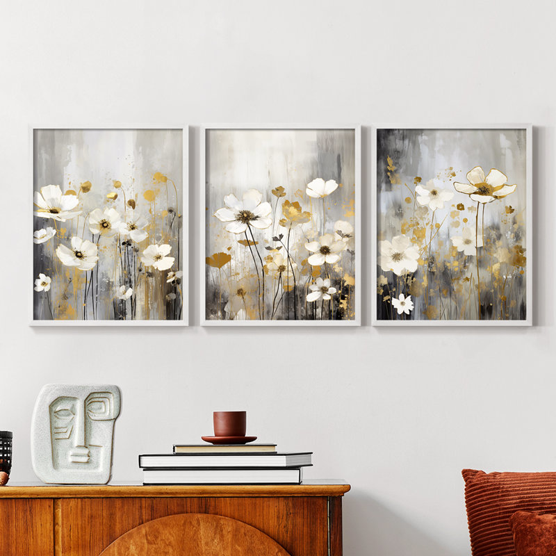 Étude florale Cxxxv -Set de 3 estampes giclées encadrées -Prêt à, Cadre blanc, H 10 po x l 8 po