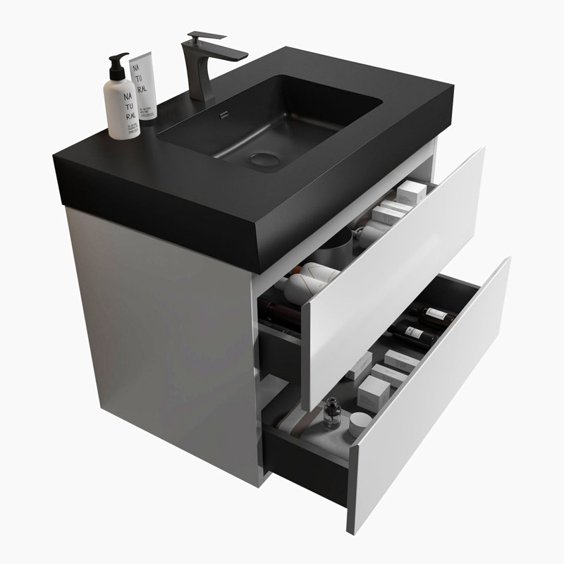 Meuble-lavabo simple 35,8 po avec plateau Atqiya, Blanc, Noir