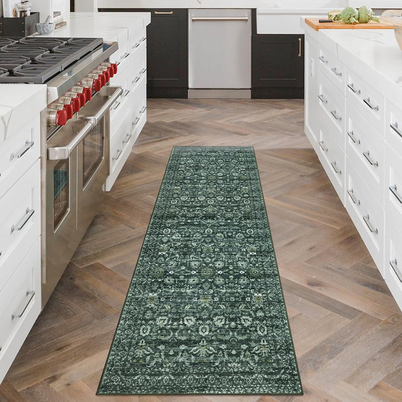 Vintage Floral 2X6 Runner Rug, Dark Green Washable Kitchen Runne...