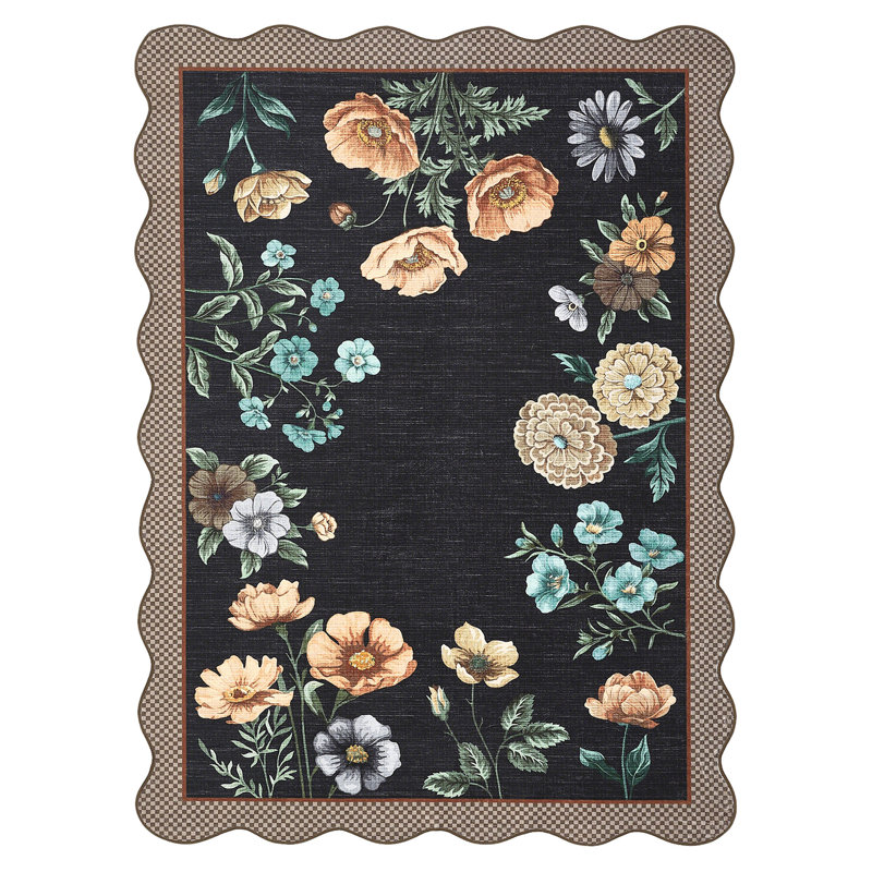 Farmhouse Floral Machine Washable Rug with Non Slip TPR Backing, Soft Non Shedding Scalloped Carpet, Low Pile Thin Floor Mats