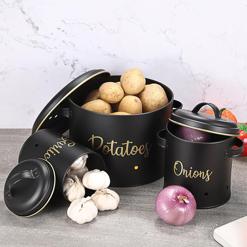 Set Of 3 Potato Onion Garlic Storage Bins Vegetable Containers Food Containers, Black