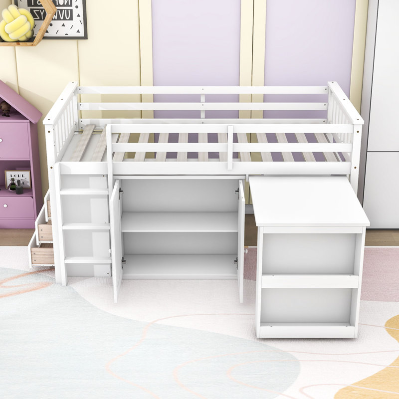 Lit mezzanine simple en bois avec bureau coulissant, armoire de rangement sous le lit, tablette latérale et tiroirs, Blanc