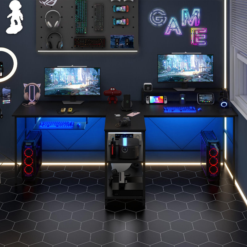 Wrought Studio 94.5" Long Office Desk 2-person Reversible Computer Desk With Led Lights, Black