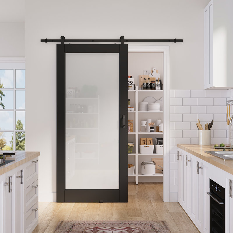 24in.x 80in.1 Lite Black Door Slab Prefinished Surface With All Barn Door Hardware Kit, 36in.x 80in.
