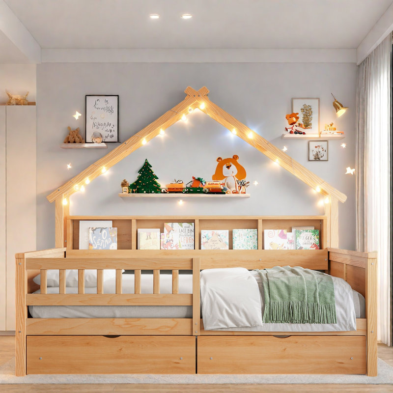 Lit plateforme House avec DEL, tablettes de rangement, tiroirs et garde-corps, Naturel