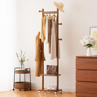 Solid Wood Coat Rack Freestanding Clothing Rack with Wheels