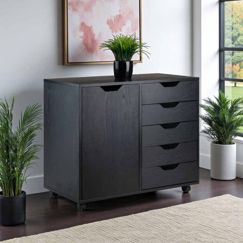Holthaus Multi Storage Mobile Cabinet With 5-Drawer in Black Finish, 26.03" H X 30.41" W X 15.85" D, Black