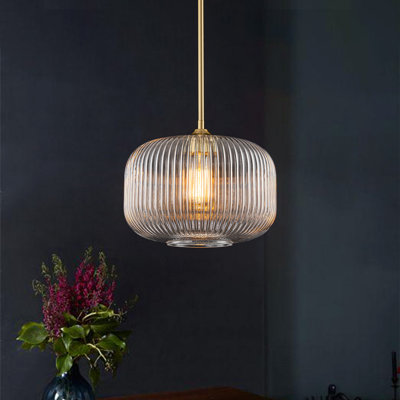 1-Light Ribbed Glass Clear Drum Pendant