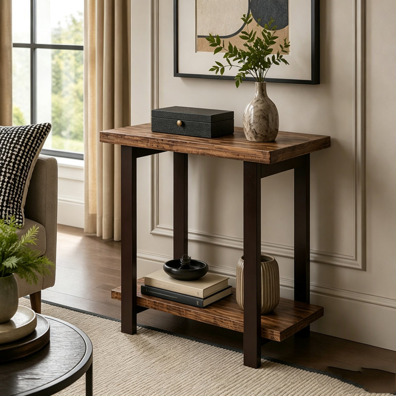 2-Tier Industrial Solid Wood End Table with Leveling Feet