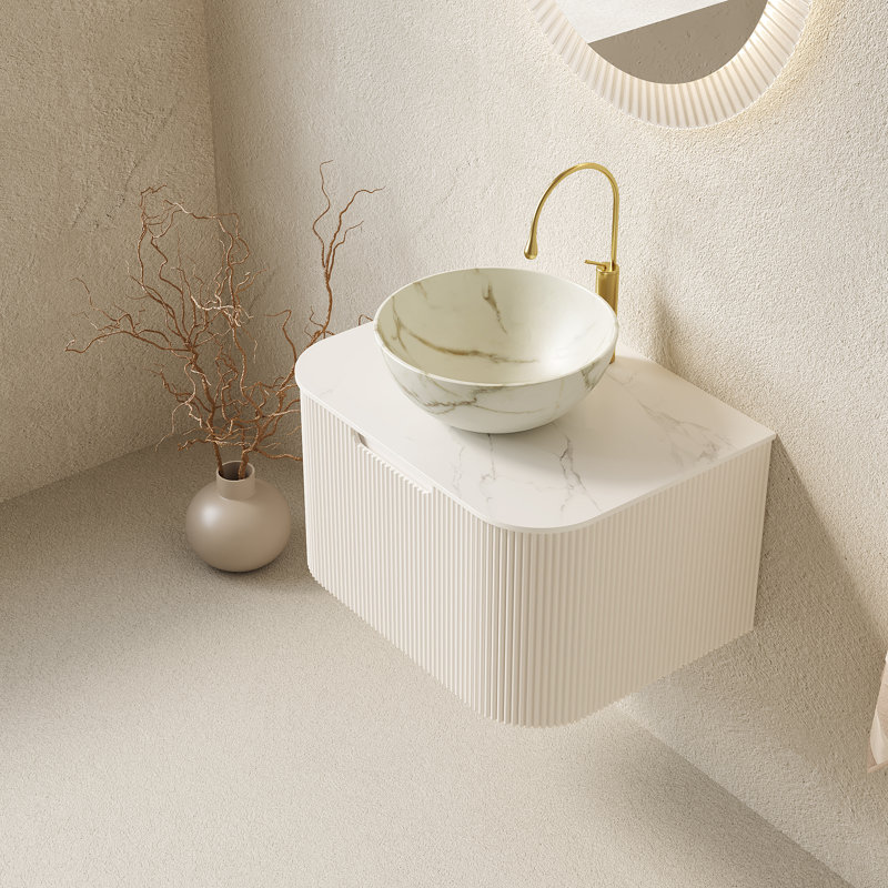 DINA 24" Bathroom Vanity&Sink, Floating Curved Edges Striped Storage Cabinet with Drawer, Matte Stone White Bowl Ceramic Basin&Carrara White Sintered Stone Top, Pre-assembled, White Color 