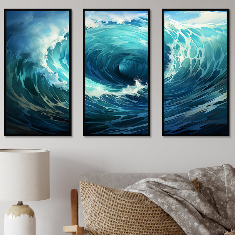 Tempête tropicale, vagues de surf - art mural bord de mer tropical, H 28 po x l 36 po x P 1 po, Cadre flottant noir