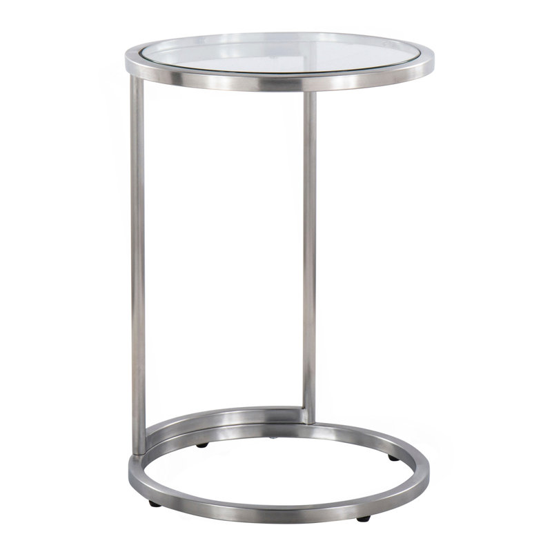 Table de bout ronde en acier inoxydable avec plateau en verre transparent Zenn, 23.25" H x 16" W x 16" D