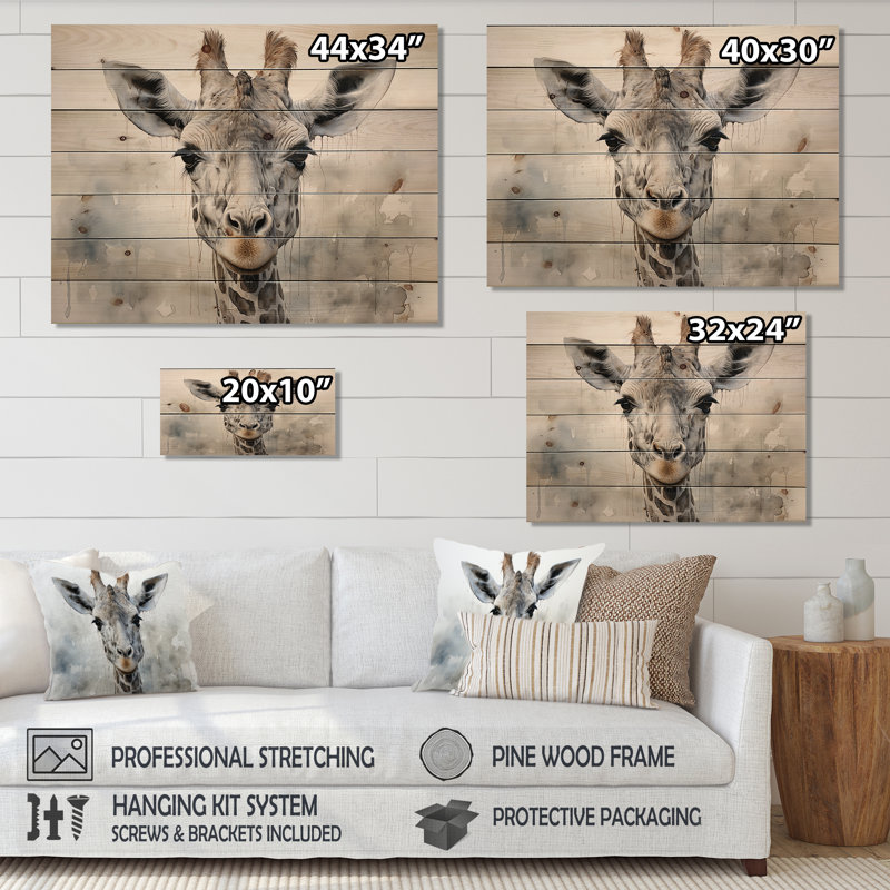 Girafe gracieuse sur une impression de bois, H 10 po x l 20 po x P 0,78 po