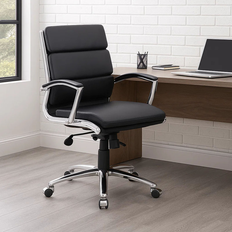 Dave Executive Swivel Armchair With Metal Chrome Finish, Black Vinyl, Black
