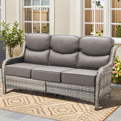 Wicker Patio Couch, Outdoor 3-Seat Sofa, All Weather PE Rattan, Deep Seating Deck Furniture Set With 6" Seat Cushions
