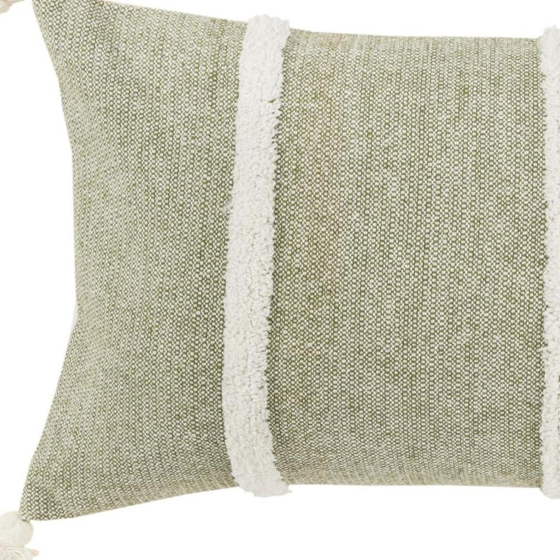 Coussin en coton 14 "x 14" vert et blanc avec bords à pampilles