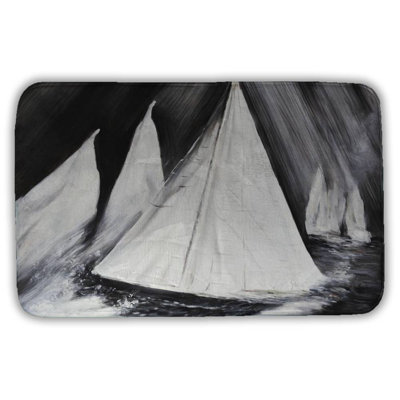 Grayscale boats in a storm Bath Mat with Non-Slip Backing - Quick Dry Memory Foam Bathroom Rug - Absorbent - Modern Plush Spa-Style - Machine Washable