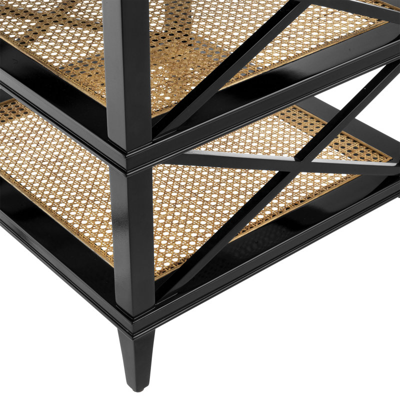 Black Pine Wood and Cane Rectangular Side Table