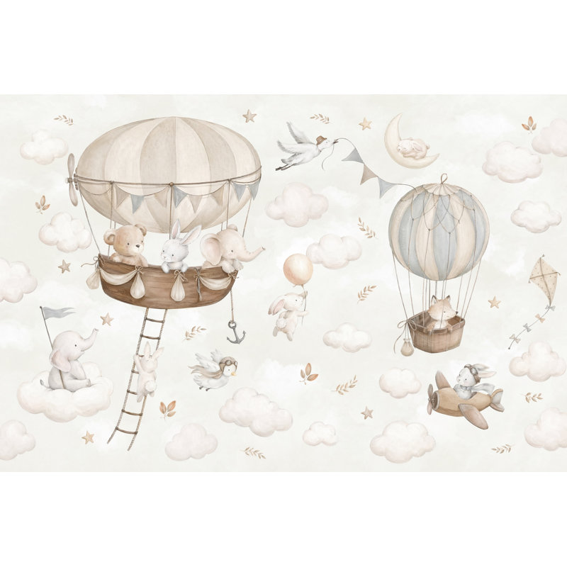 Papier peint fond blanc avec montgolfière, Non tissé, 140 po x 108 po