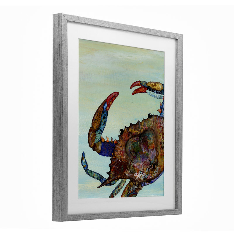 Collage détaillé crabe imprimé sous verre, conception par Lisa Morales, H 21 po x l 17 po, Cadre de ferme gris