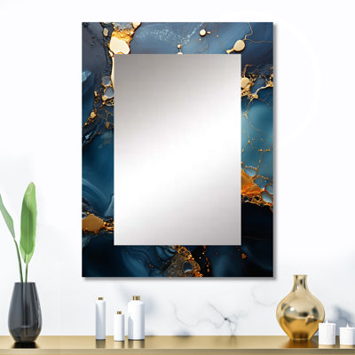 Or et mosaïque de marbre bleu agate V - abstrait, décoration murale miroir unique, grand miroir doré, art imprimé en métal