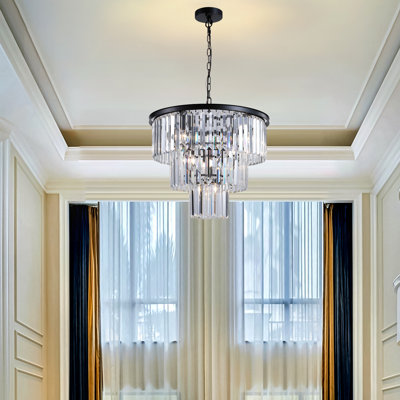 (Same As W1340102277/L5007) 20" Luxury 3-Tier Crystal Chandelier, 7-Light Black Frame Pendant Light, Elegant Ceiling Lighting For Living Room, Dining Room, Bedroom (No Bulbs)