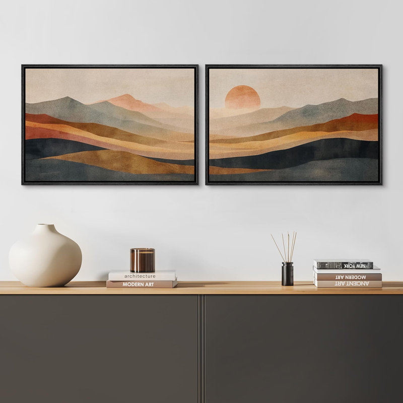 «Earthen Hues Abstract Sun Mountain Rustic» 2 pièces, Cadre noir, H 24 po x l 36 po