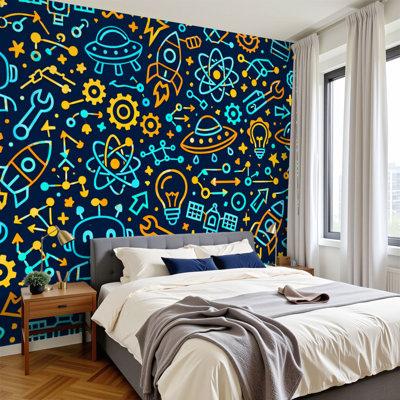 Kids Learning Peel and Stick Wallpaper for Classroom Colourful Science Technology Robots Rockets UFOs Icons Wall Murals 100"H x 144"W Removable PVC Wall Paper Self-Adhesive Wall Decor for Bedroom Nursery