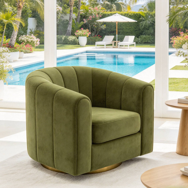 Fauteuil pivotant à 360° de 91 cm (35,83 po), en velours côtelé vert olive capitonné, livré entièrement assemblé, idéal pour le salon ou la chambre.