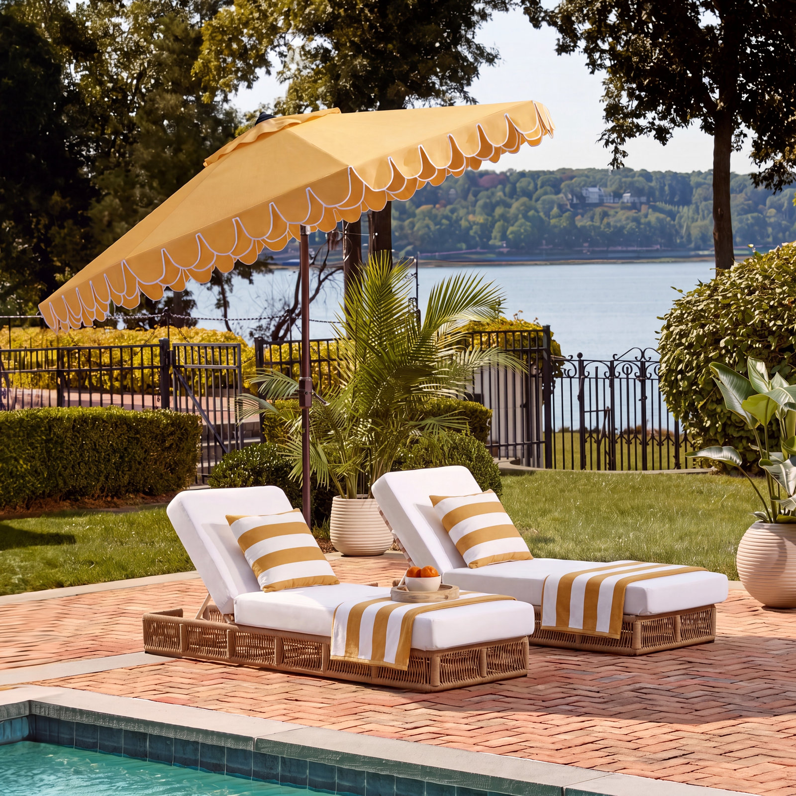 Iago 9' Market Umbrella, Yellow/White, Brown