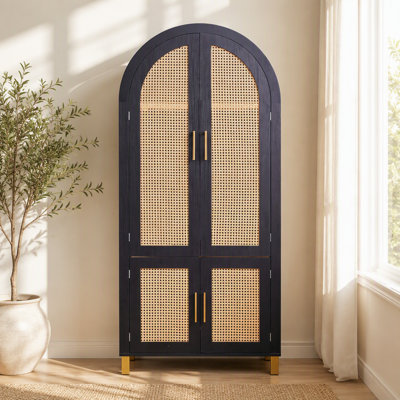 Grande armoire arquée 71 po avec portes en rotin et tablettes réglables, armoire de rangement de style campagne moderne à 4 portes avec supports intégrés pour la cuisine, la salle à manger et le bureau