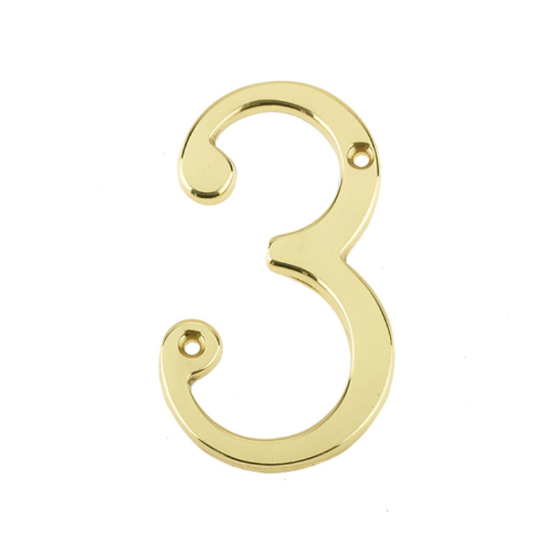 7.5cm H Brass House Number, 3, Polished Brass