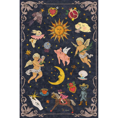 Vintage Celestial Area Rug, Sun Moon Angel Whimsical Low Pile Non-Slip Decor Carpet for Bedroom Living Room