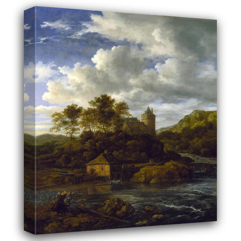 «Castle and Watermill by a River» par Jacob Van Ruisdael - Art mural sur toile tendue avec châssis, H 14 po x l 18 po
