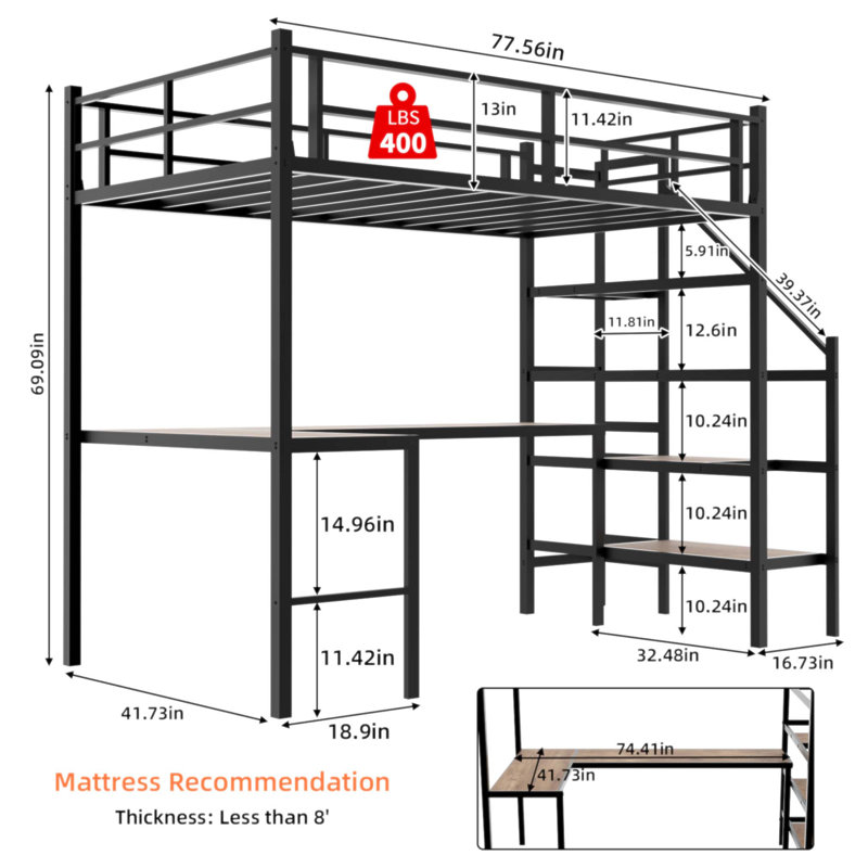 Lit mezzanine avec bureau en L, grand espace de rangement, structure robuste et conception silencieuse pour les familles en pleine croissance et les salles polyvalentes