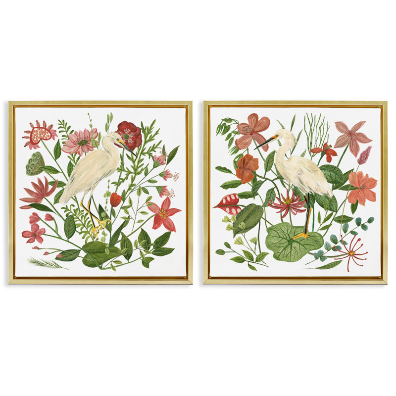 «Egrets Color Pop Flowers», ensemble de 2 toiles flottantes encadrées par Melissa Wang, Cadre flottant métallique doré