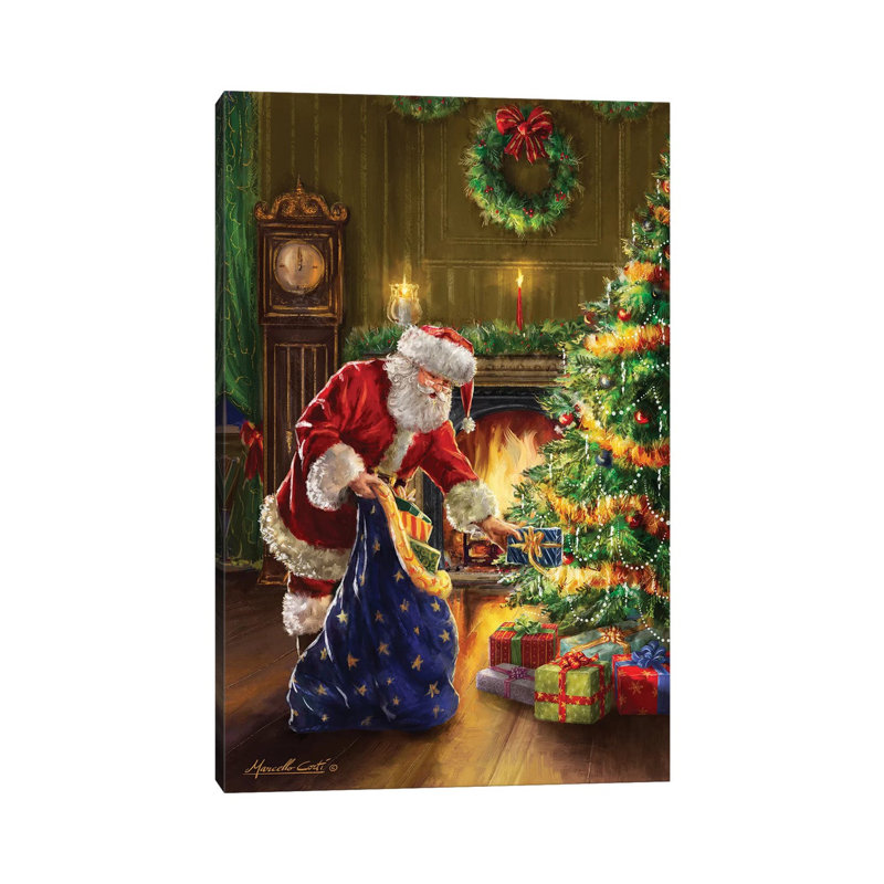 Père Noël au sac bleu - Giclée sur toile tendue avec châssis, H 18 po x l 12 po