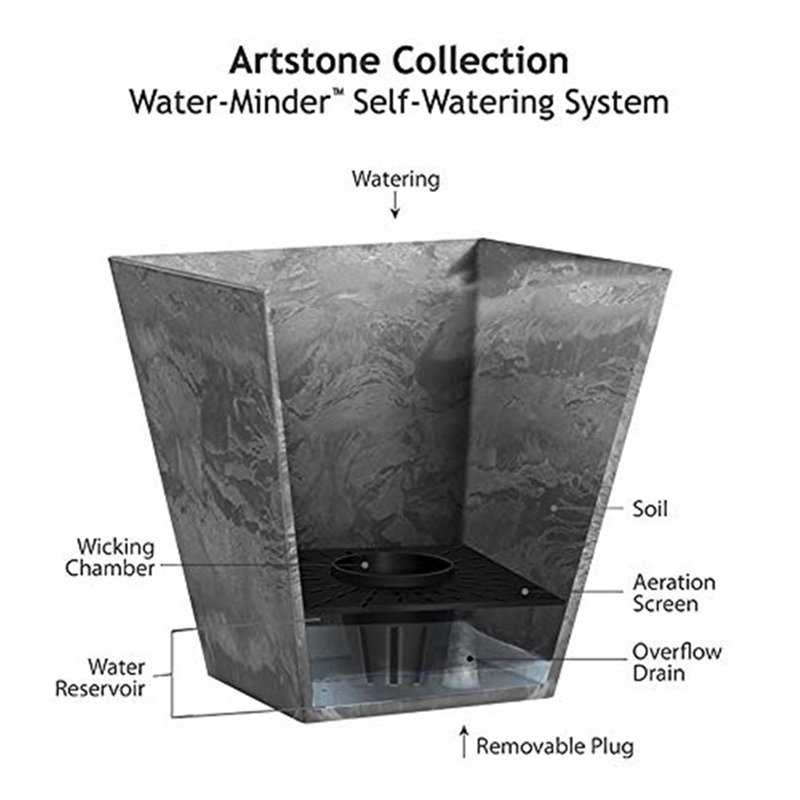 Novelty ArtStone Indoor/Outdoor Ella Low Square Planter with Water-Minder Reservoir, Grey, 12in, 4.5" H x 10" W x 10" D