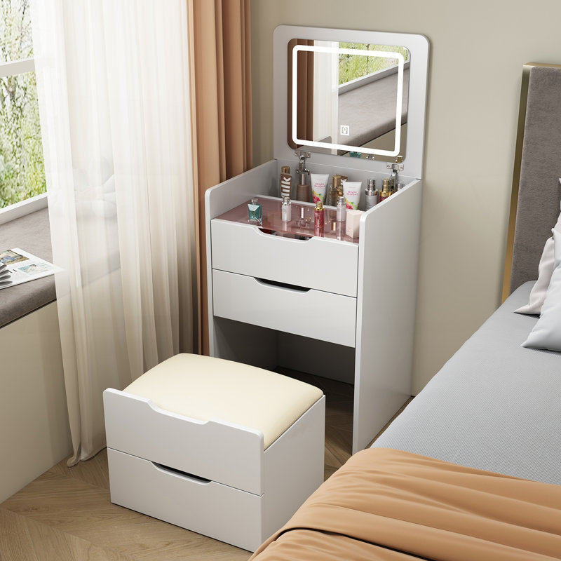 Meuble-lavabo 3 en 1 avec miroir rabattable, petit ensemble de meuble-lavabo avec bureau en verre visible, coiffeuse compacte avec 3 tiroirs, coiffeuse