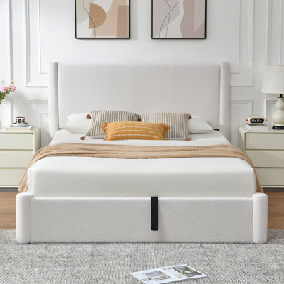 Braya Luxury Boucle Hydraulic Lift Up Storage Upholstered Platform Bed With Rounded Bolster Design,White,Full