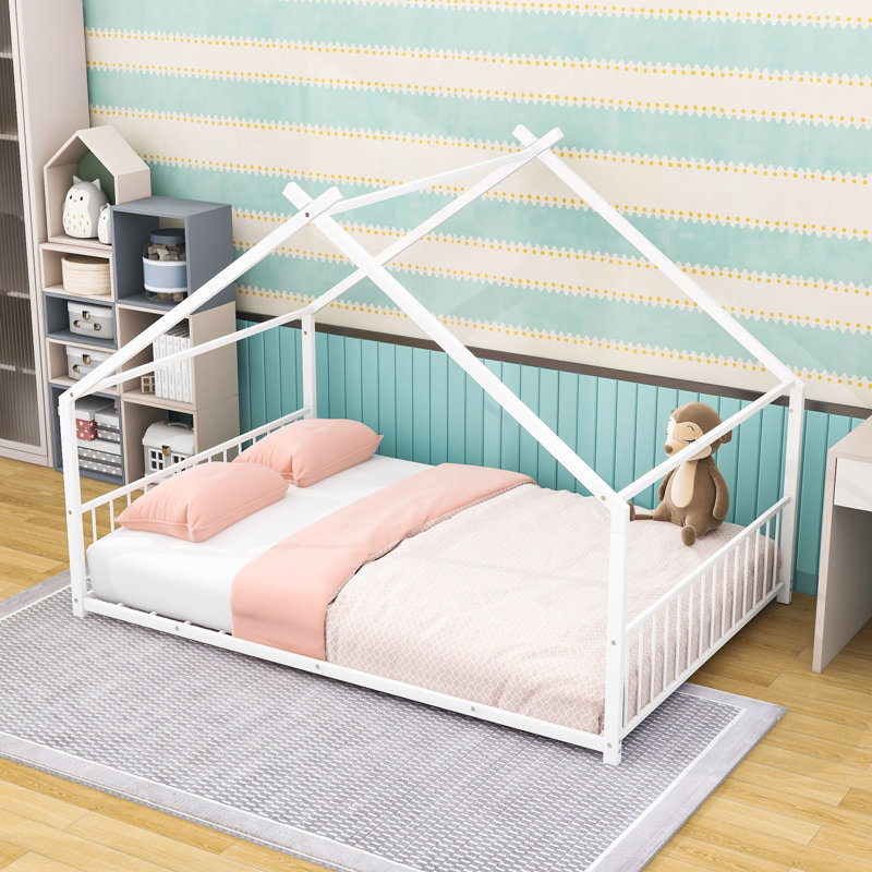Metal Playhouse Bed With Roof And Slats, Full, White
