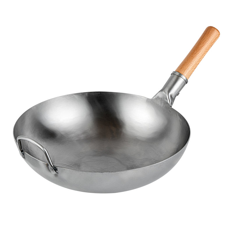 Wok en acier au carbone pour restaurant 10 pièces de 14 pouces en acier inoxydable martelé à la main Poignée en acier à manœuvre efficace de distribution uniforme de la chaleur